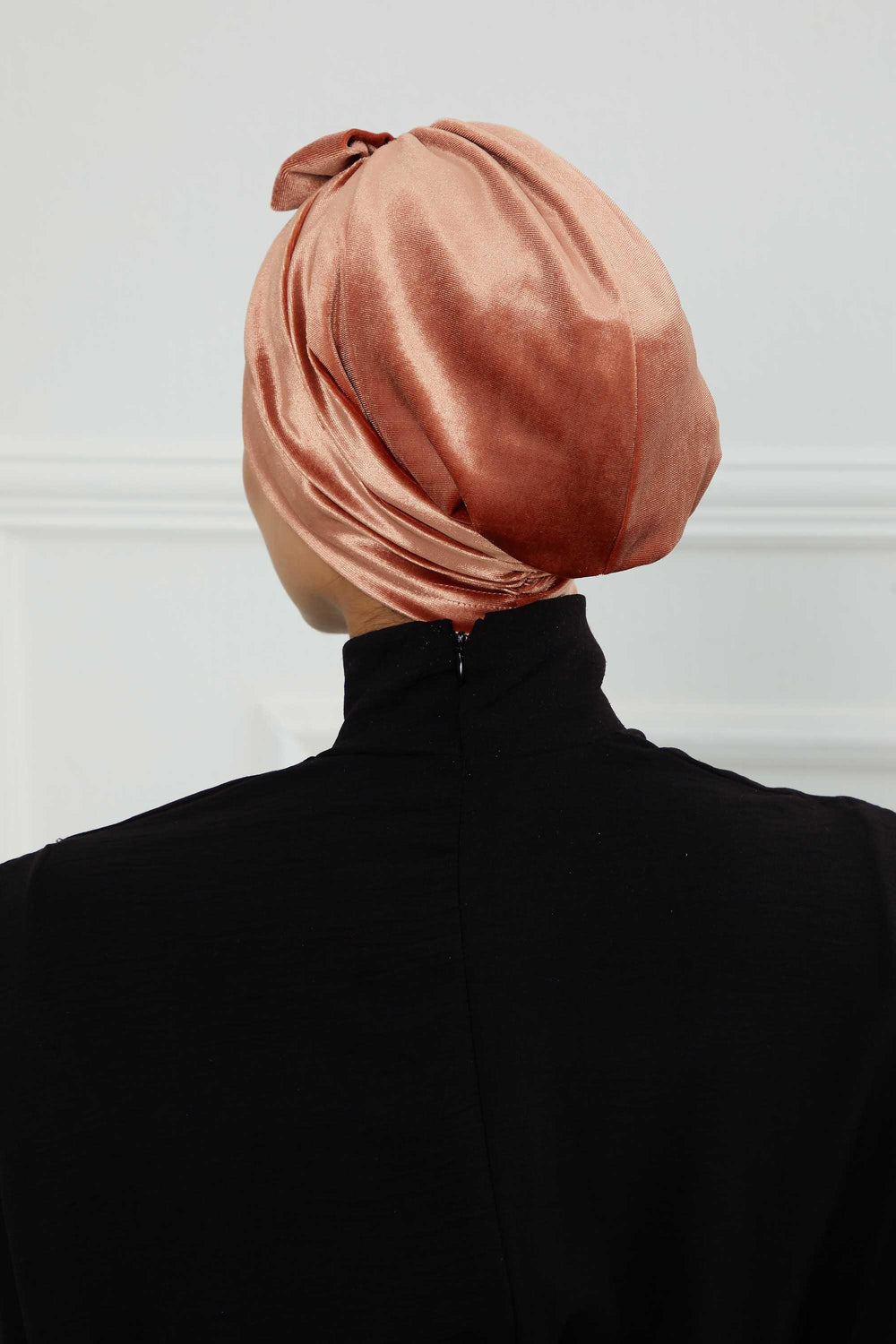 Velvet Bowtie Instant Turban Hijab Luxurious Velour Headwrap with Elegant Bow Detail, Comfortable & Fashionable Headwrap for Women,B-7K Salmon