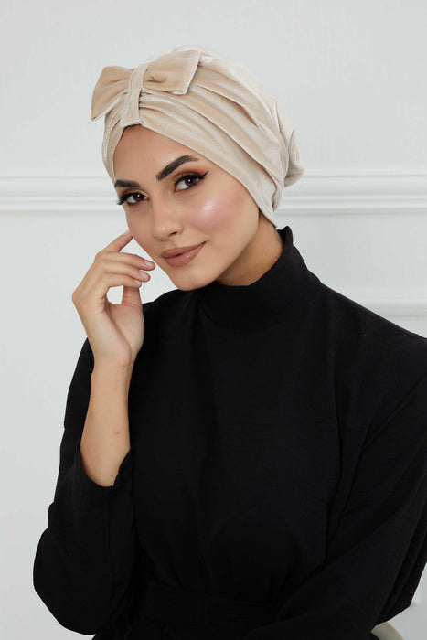 ربطة عنق مخملية حجاب عمامة فورية من القطيفة الفاخرة مع تفاصيل فيونكة أنيقة، غطاء رأس مريح وعصري للنساء، B-7K