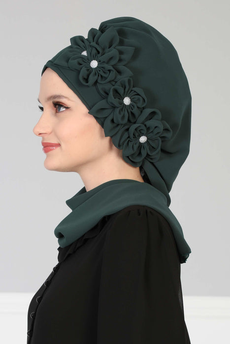 Instant Turban Headscarf with Handcrafted Floral Accents and Rhinestone Embellishments, Chic Hijab Headscarf for Muslim Women Gift,HT-27