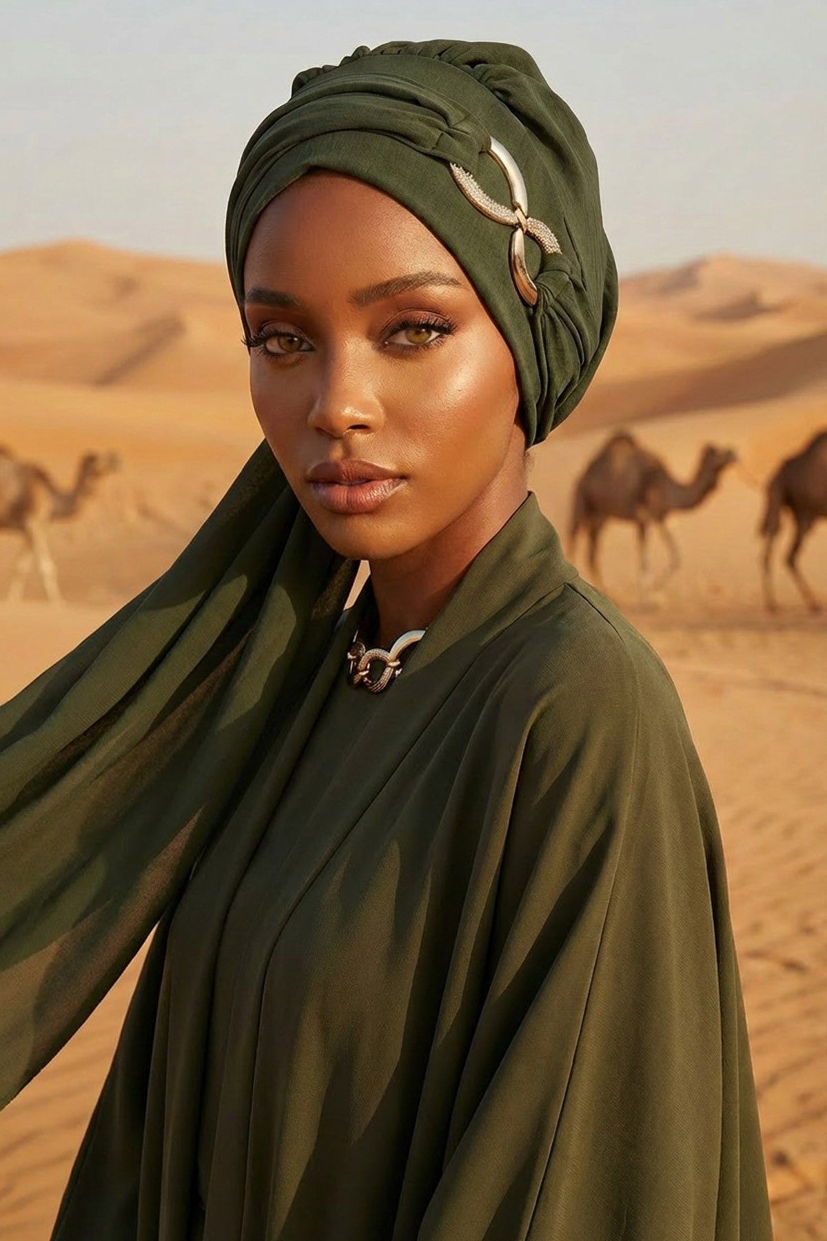Instant Turban Lightweight Aerobin Scarf Head Turbans with Gorgeous Gold Accessory For Women Headwear Stylish Elegant Design,HT-94 Army Green