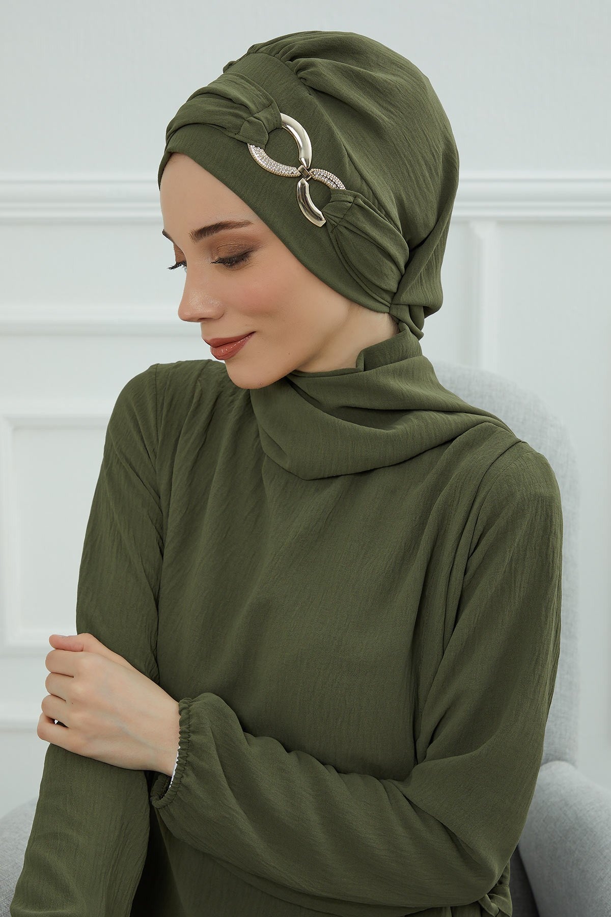 Instant Turban Lightweight Aerobin Scarf Head Turbans with Gorgeous Gold Accessory For Women Headwear Stylish Elegant Design,HT-94 Army Green