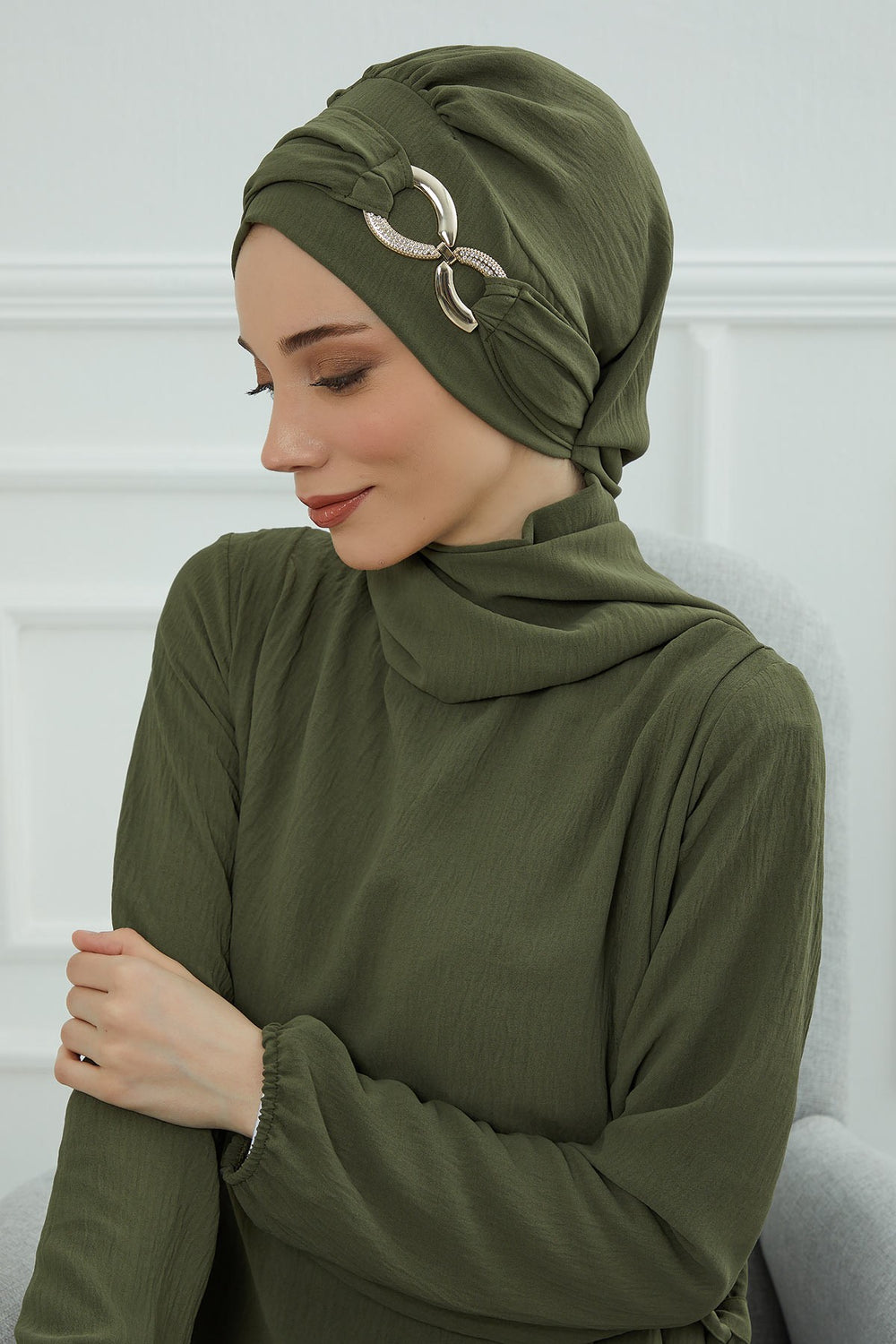 Instant Turban Lightweight Aerobin Scarf Head Turbans with Gorgeous Gold Accessory For Women Headwear Stylish Elegant Design,HT-94 Army Green