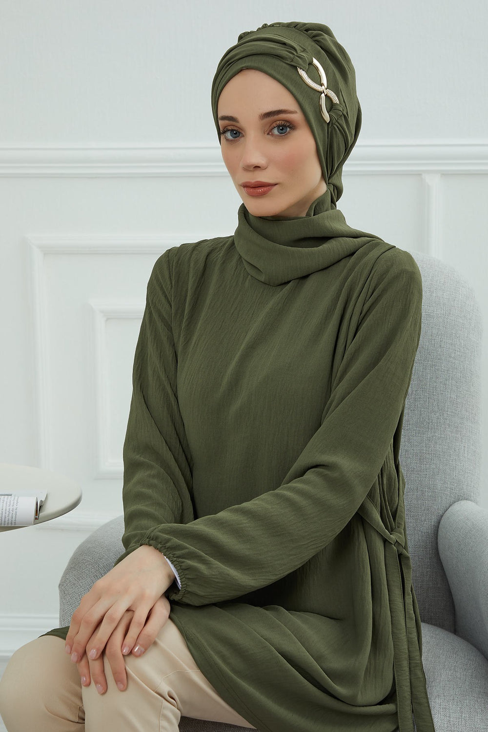 Instant Turban Lightweight Aerobin Scarf Head Turbans with Gorgeous Gold Accessory For Women Headwear Stylish Elegant Design,HT-94 Army Green