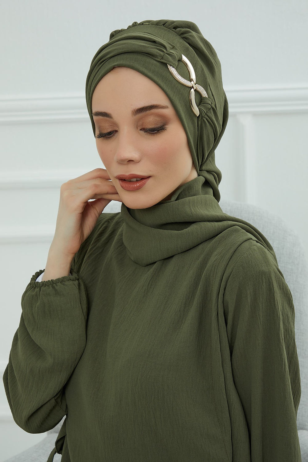 Instant Turban Lightweight Aerobin Scarf Head Turbans with Gorgeous Gold Accessory For Women Headwear Stylish Elegant Design,HT-94 Army Green