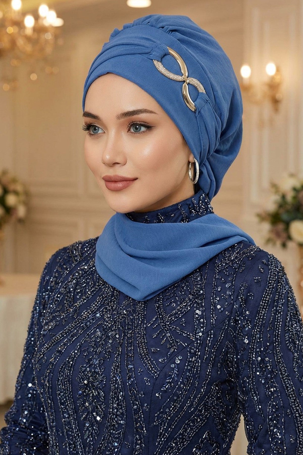 Instant Turban Lightweight Aerobin Scarf Head Turbans with Gorgeous Gold Accessory For Women Headwear Stylish Elegant Design,HT-94 Blue