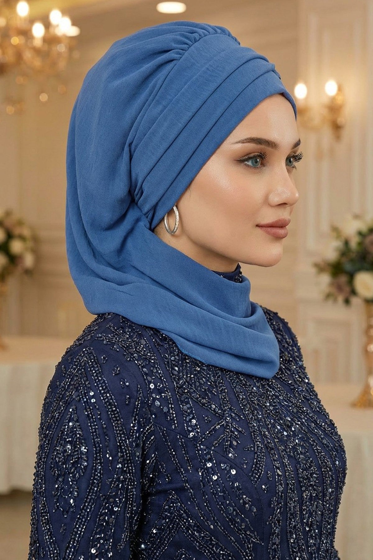 Instant Turban Lightweight Aerobin Scarf Head Turbans with Gorgeous Gold Accessory For Women Headwear Stylish Elegant Design,HT-94 Blue