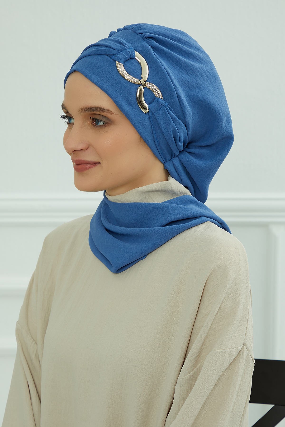 Instant Turban Lightweight Aerobin Scarf Head Turbans with Gorgeous Gold Accessory For Women Headwear Stylish Elegant Design,HT-94 Blue