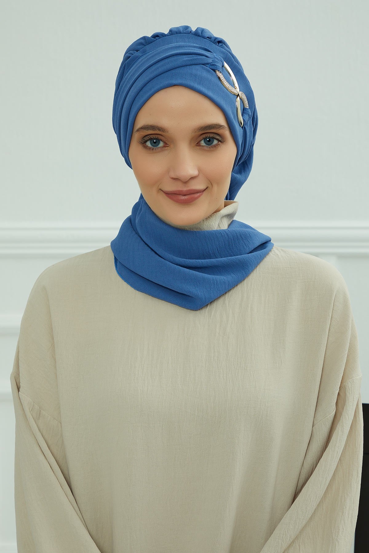Instant Turban Lightweight Aerobin Scarf Head Turbans with Gorgeous Gold Accessory For Women Headwear Stylish Elegant Design,HT-94 Blue