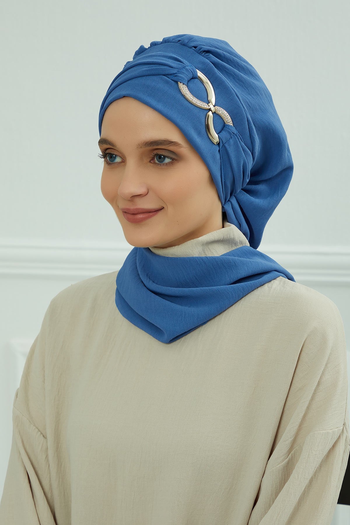 Instant Turban Lightweight Aerobin Scarf Head Turbans with Gorgeous Gold Accessory For Women Headwear Stylish Elegant Design,HT-94 Blue