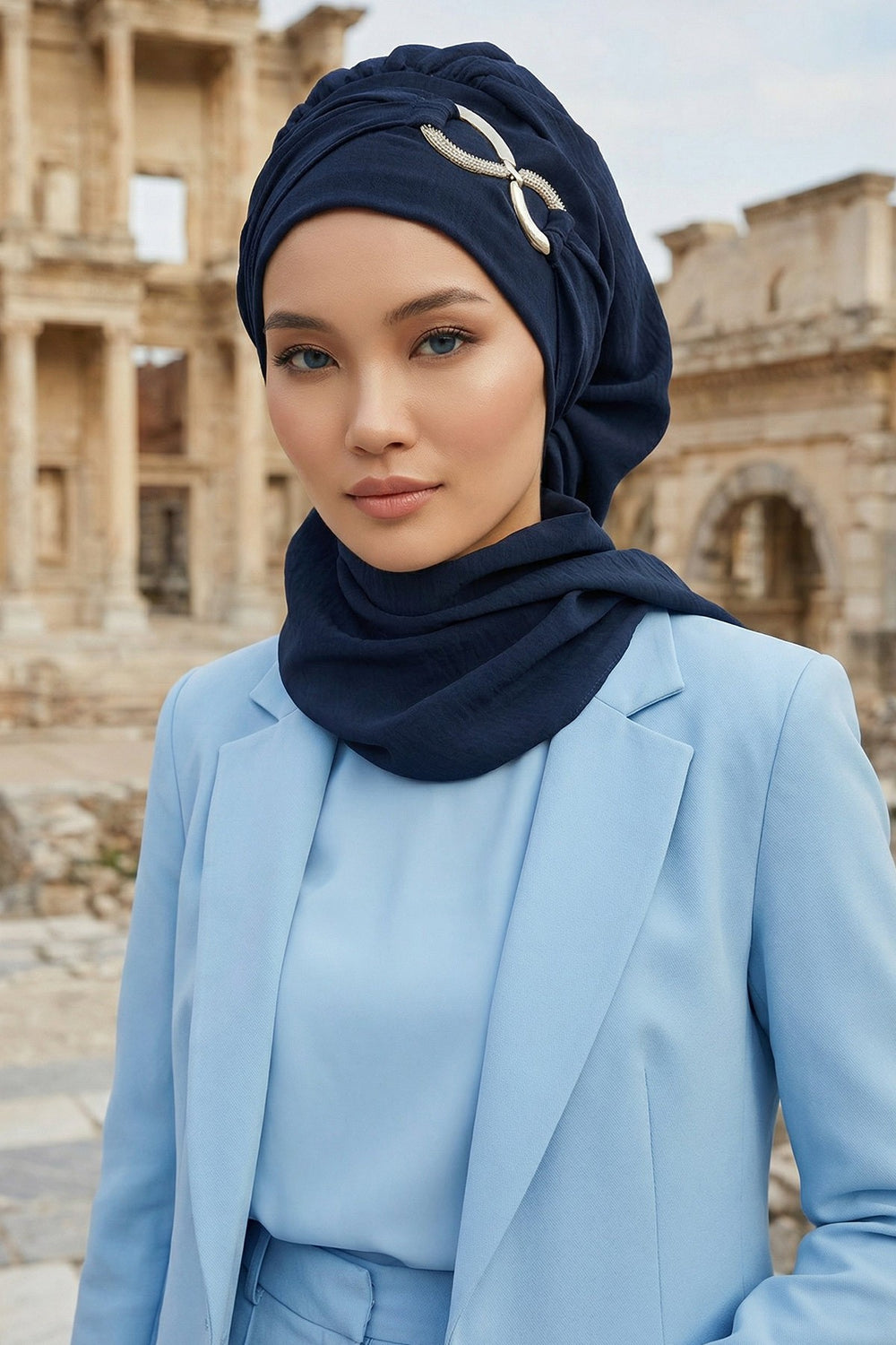 Instant Turban Lightweight Aerobin Scarf Head Turbans with Gorgeous Gold Accessory For Women Headwear Stylish Elegant Design,HT-94 Navy Blue