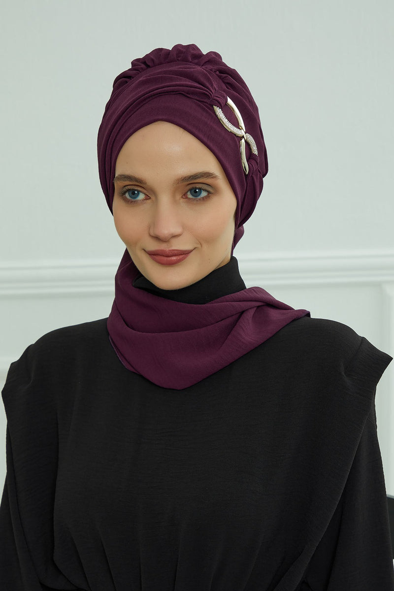 Instant Turban Lightweight Aerobin Scarf Head Turbans with Gorgeous Gold Accessory For Women Headwear Stylish Elegant Design,HT-94