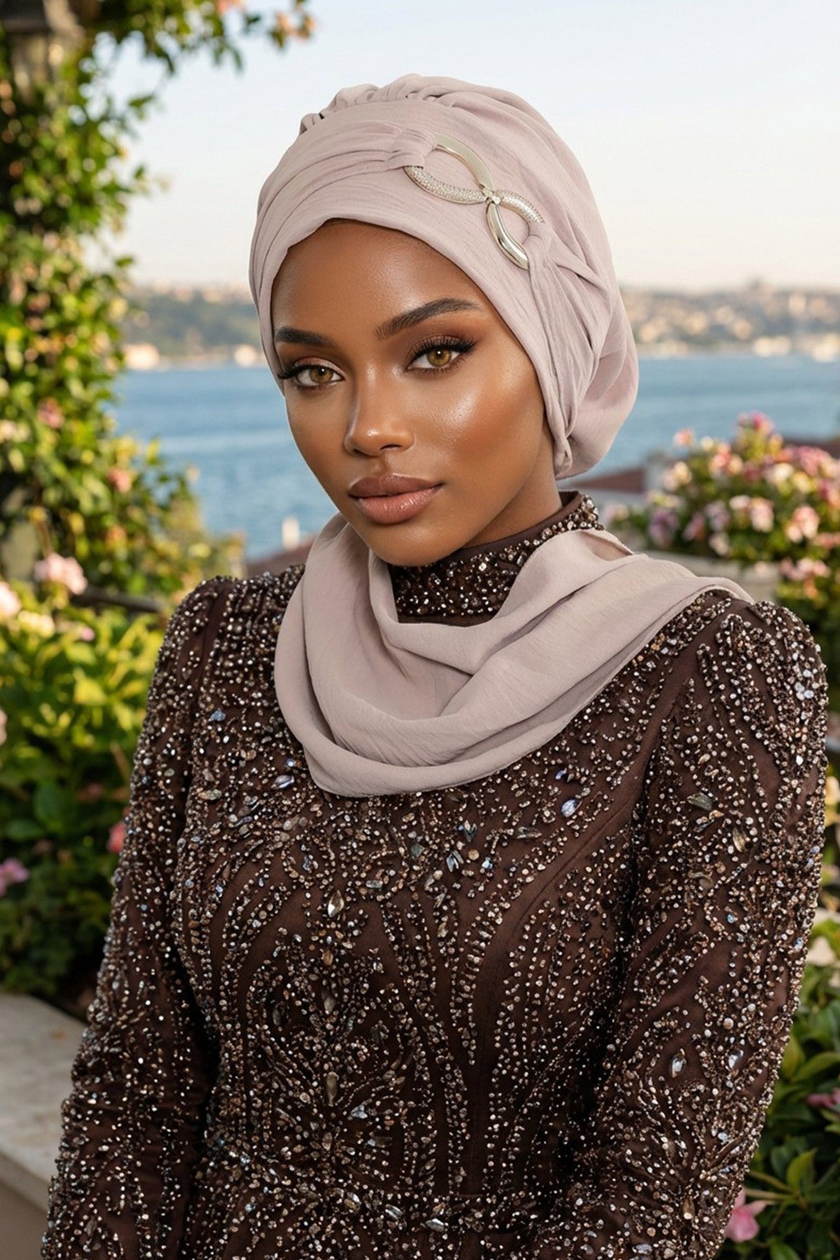 Instant Turban Lightweight Aerobin Scarf Head Turbans with Gorgeous Gold Accessory For Women Headwear Stylish Elegant Design,HT-94 Mink