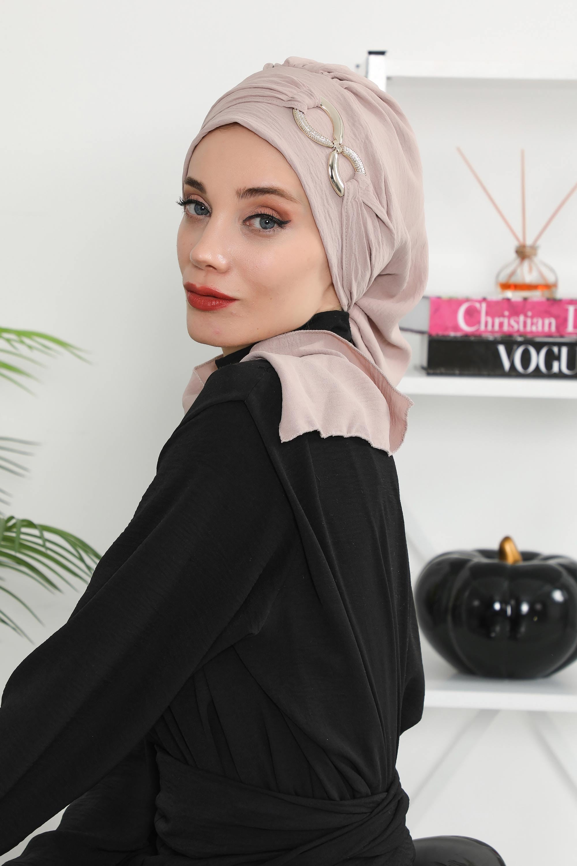 Instant Turban Lightweight Aerobin Scarf Head Turbans with Gorgeous Gold Accessory For Women Headwear Stylish Elegant Design,HT-94 Mink