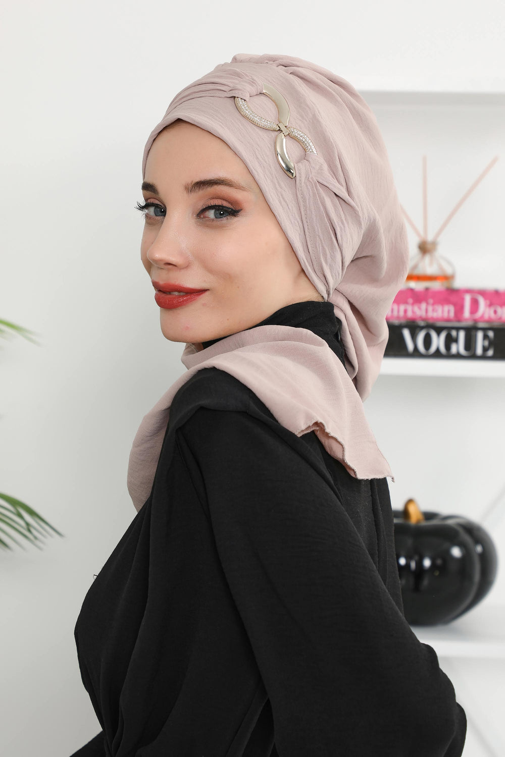 Instant Turban Lightweight Aerobin Scarf Head Turbans with Gorgeous Gold Accessory For Women Headwear Stylish Elegant Design,HT-94 Mink