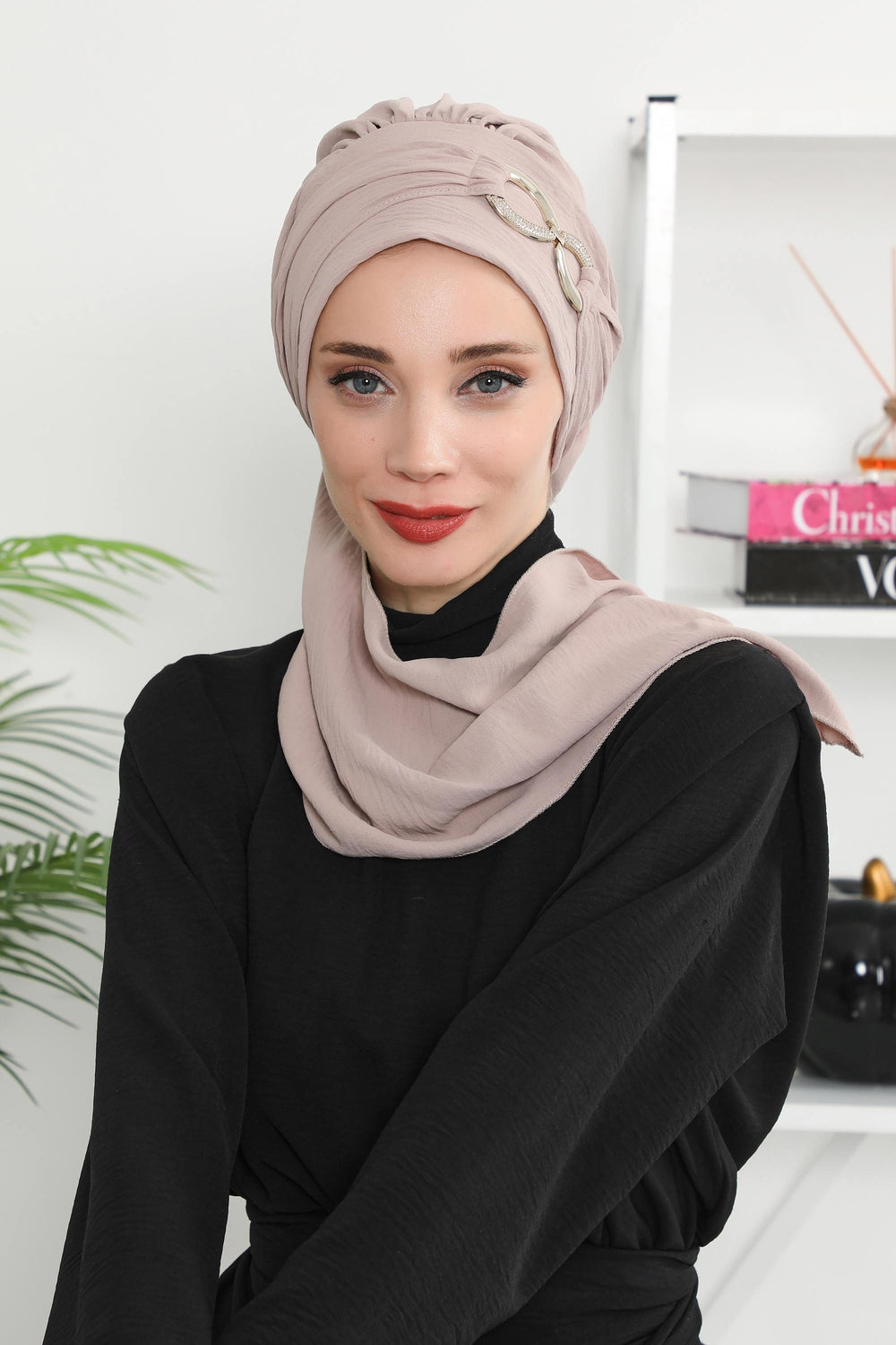 Instant Turban Lightweight Aerobin Scarf Head Turbans with Gorgeous Gold Accessory For Women Headwear Stylish Elegant Design,HT-94 Mink