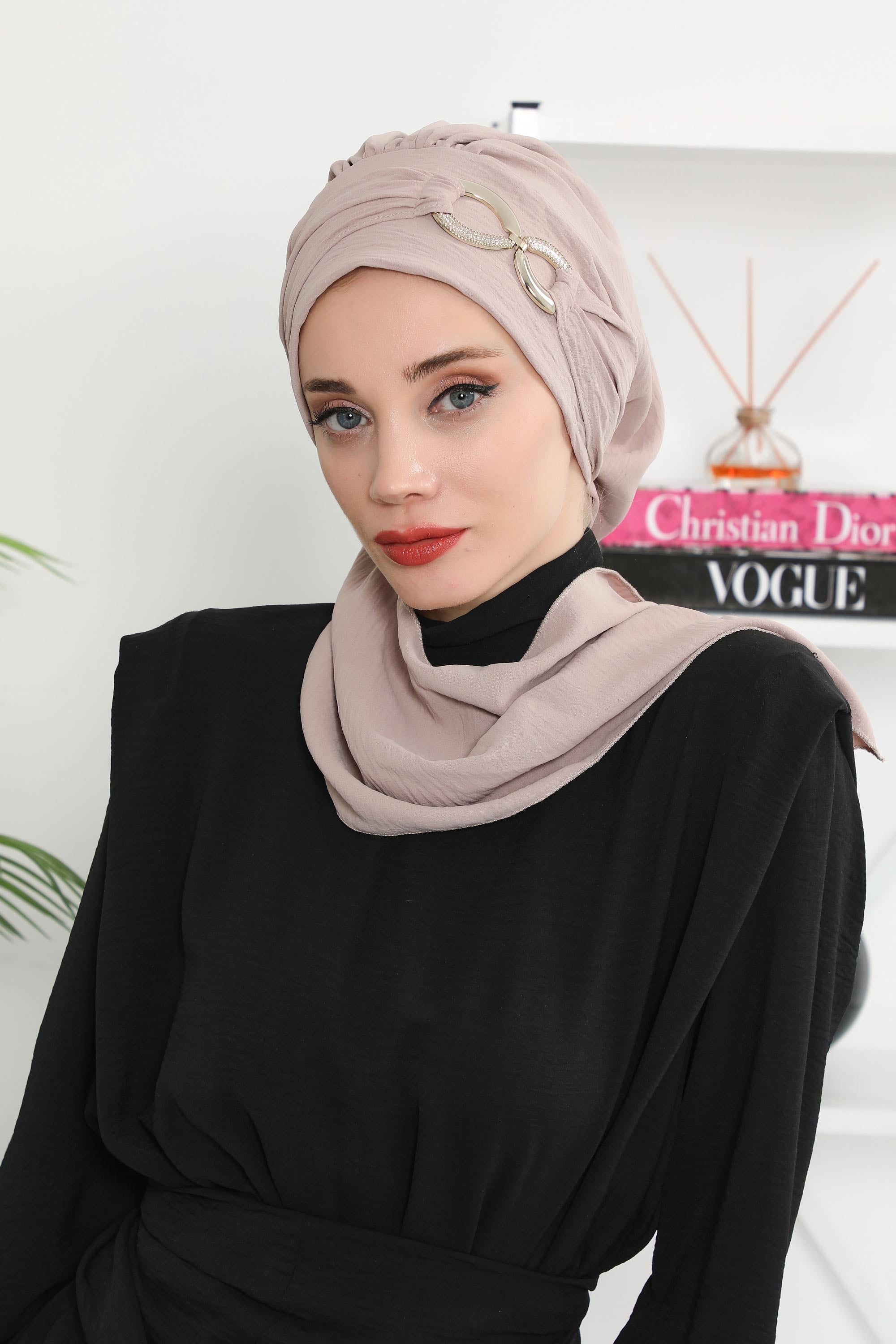 Instant Turban Lightweight Aerobin Scarf Head Turbans with Gorgeous Gold Accessory For Women Headwear Stylish Elegant Design,HT-94 Mink