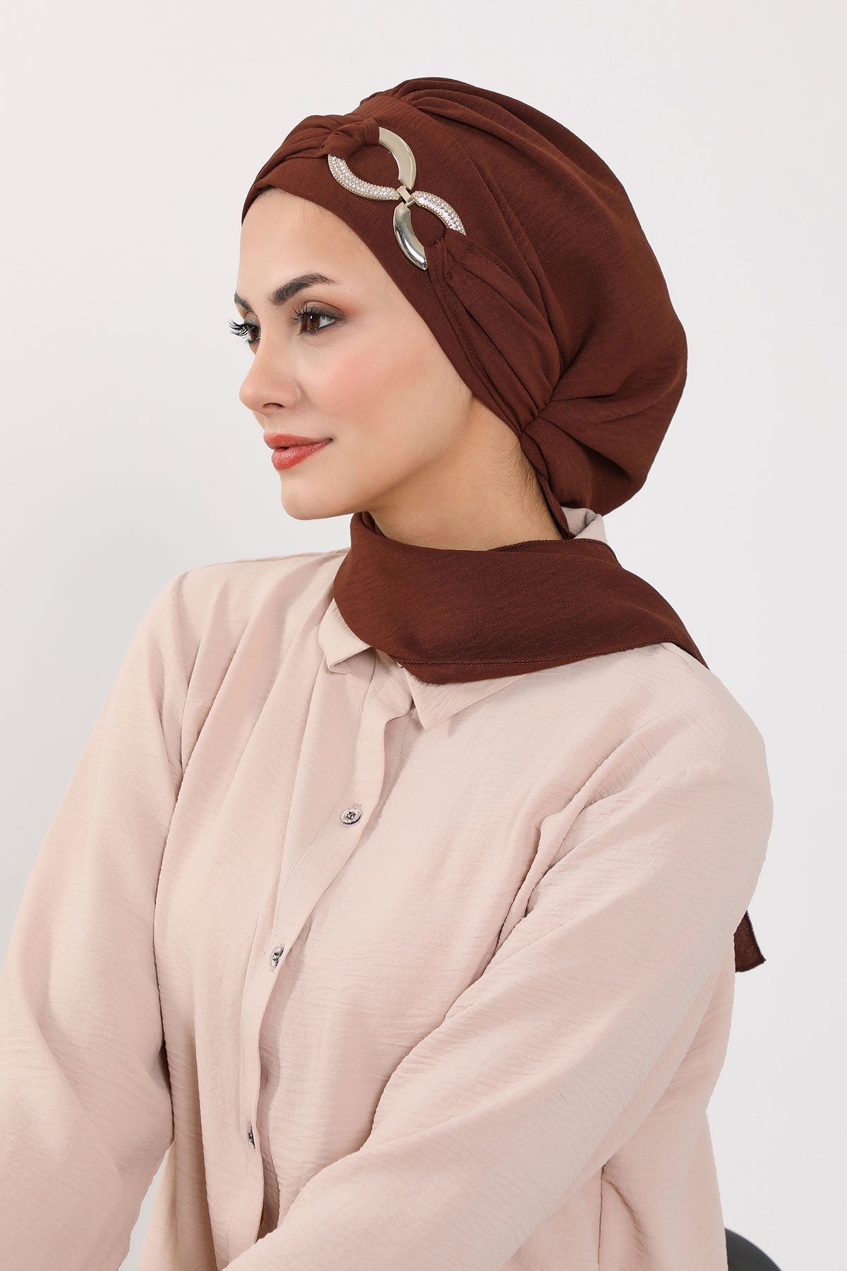 Instant Turban Lightweight Aerobin Scarf Head Turbans with Gorgeous Gold Accessory For Women Headwear Stylish Elegant Design,HT-94 Brown