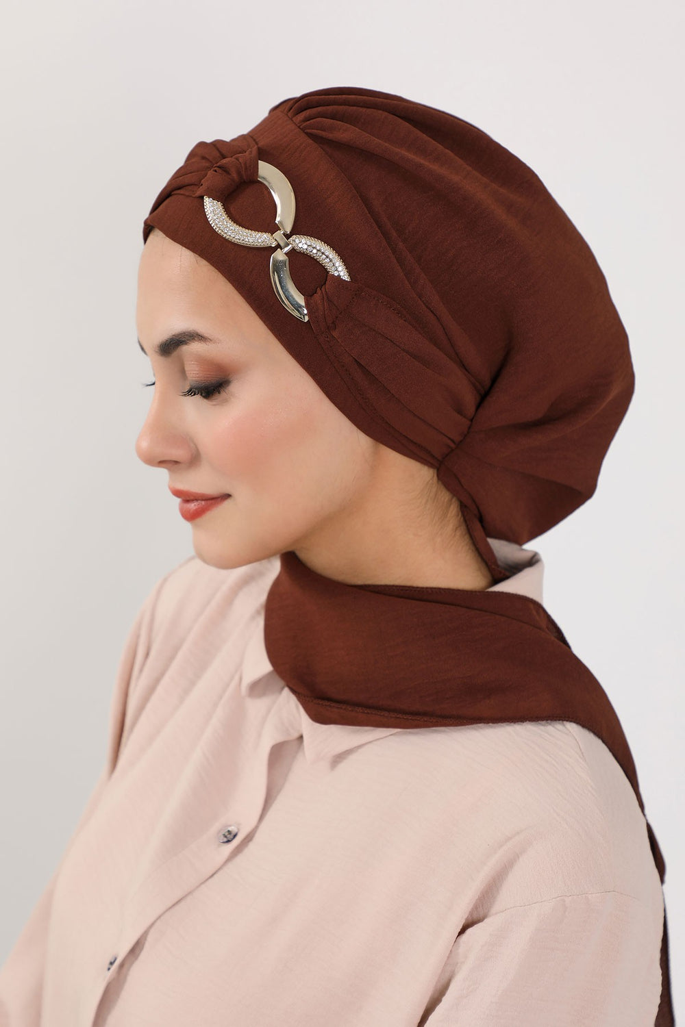 Instant Turban Lightweight Aerobin Scarf Head Turbans with Gorgeous Gold Accessory For Women Headwear Stylish Elegant Design,HT-94 Brown