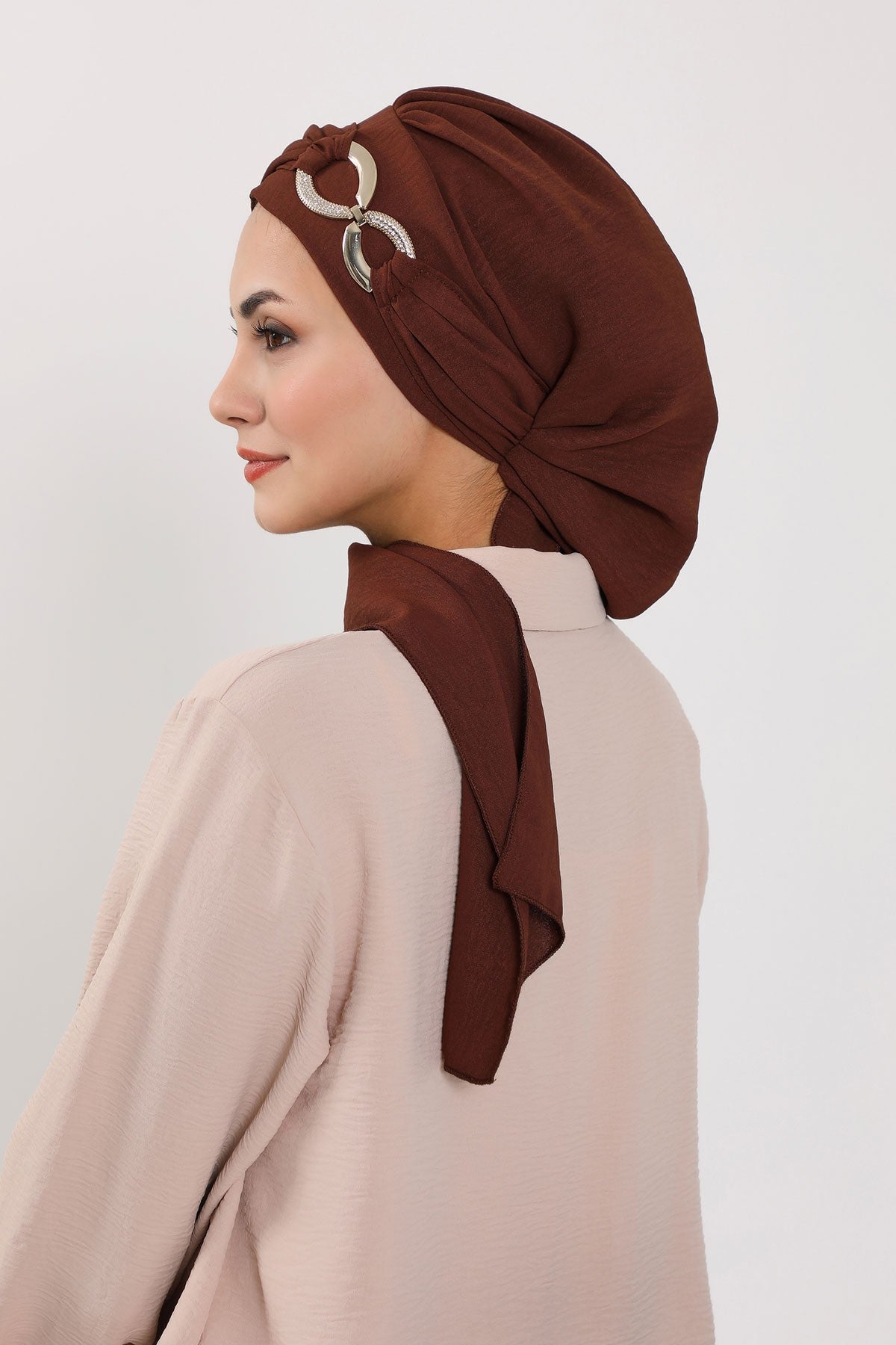 Instant Turban Lightweight Aerobin Scarf Head Turbans with Gorgeous Gold Accessory For Women Headwear Stylish Elegant Design,HT-94 Brown