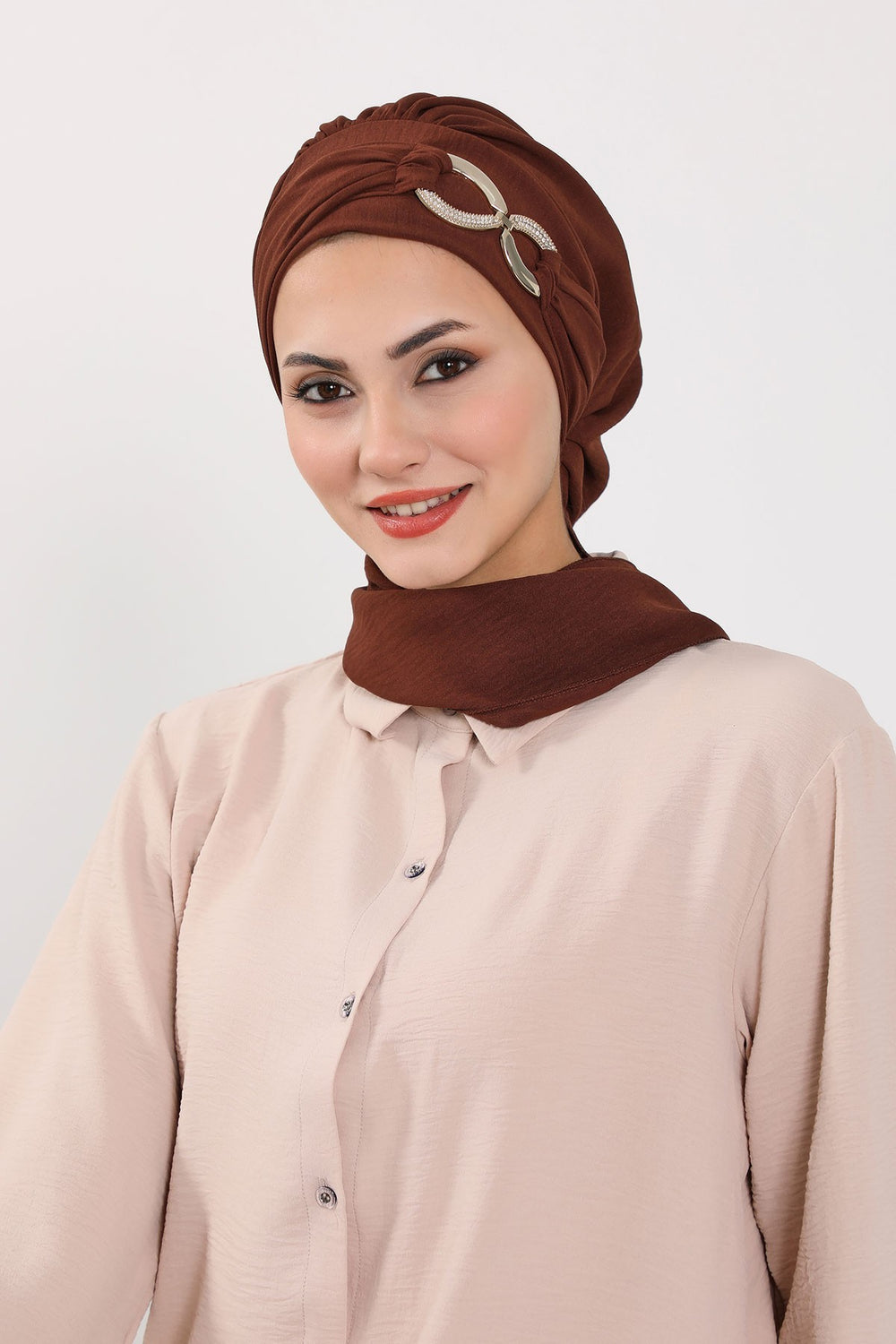 Instant Turban Lightweight Aerobin Scarf Head Turbans with Gorgeous Gold Accessory For Women Headwear Stylish Elegant Design,HT-94 Brown