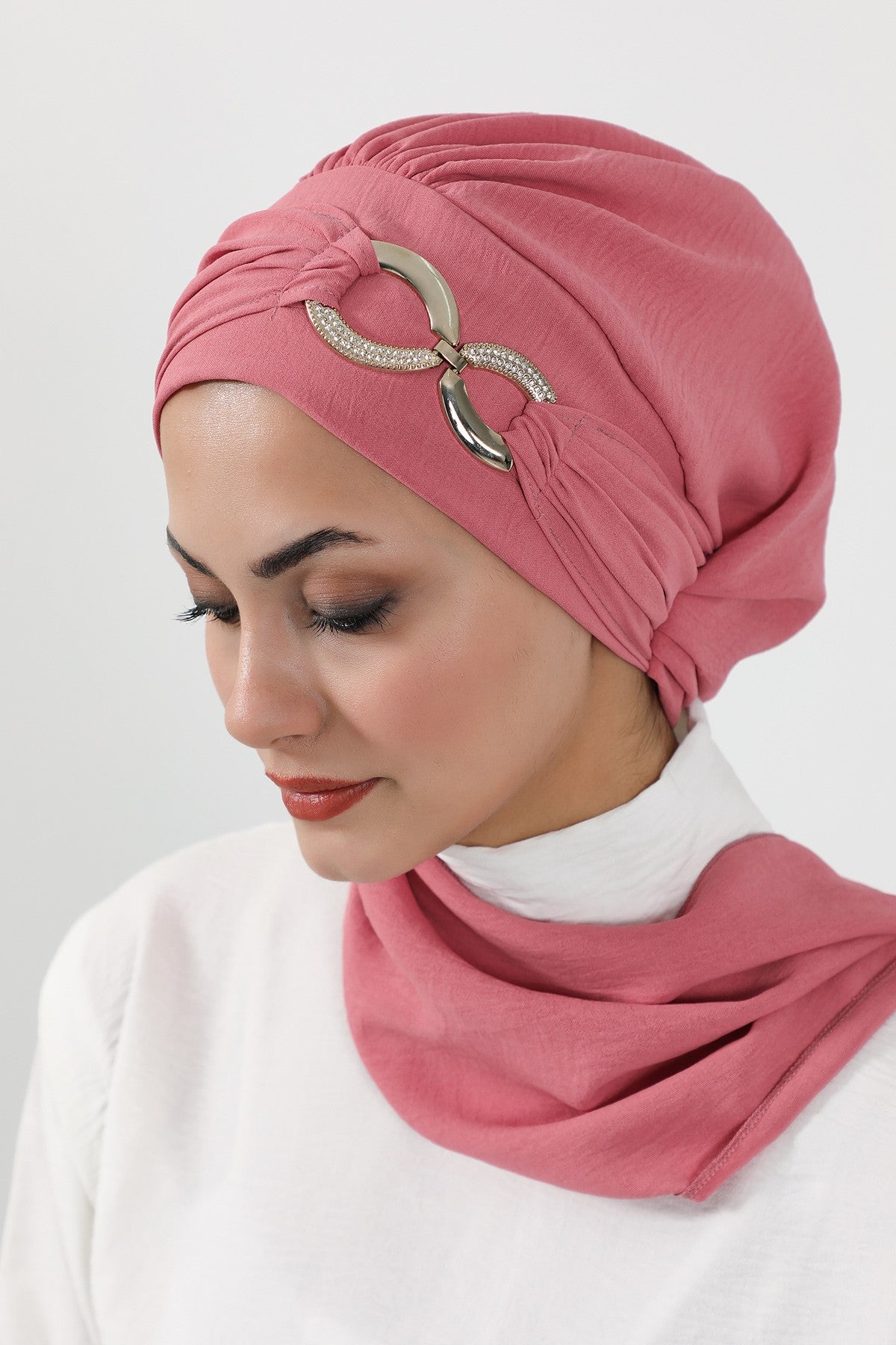 Instant Turban Lightweight Aerobin Scarf Head Turbans with Gorgeous Gold Accessory For Women Headwear Stylish Elegant Design,HT-94 Dark Pink