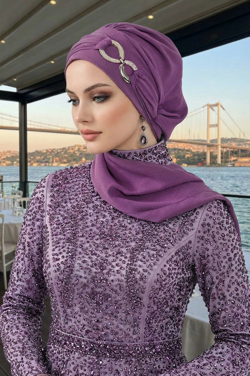 Instant Turban Lightweight Aerobin Scarf Head Turbans with Gorgeous Gold Accessory For Women Headwear Stylish Elegant Design,HT-94