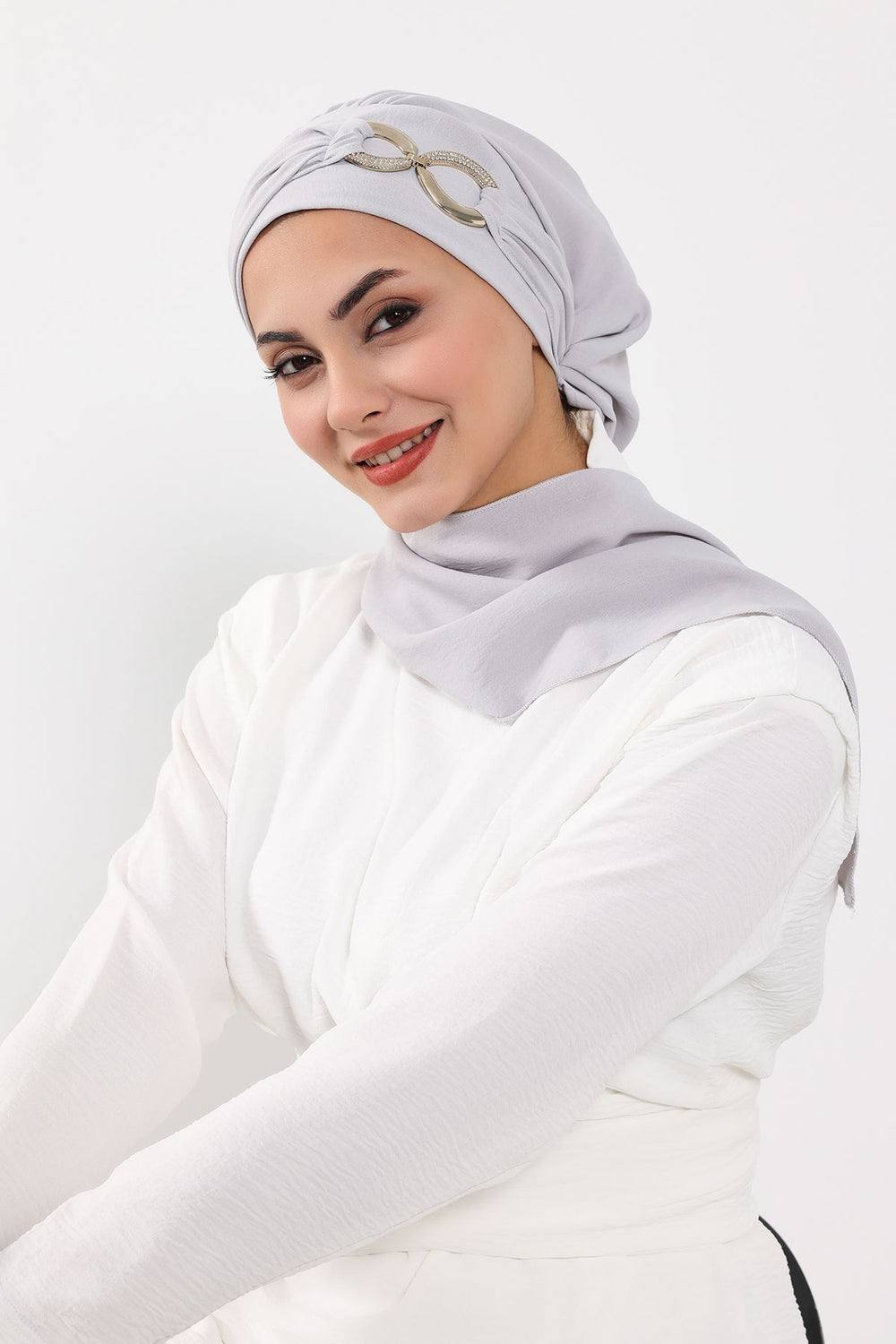 Instant Turban Lightweight Aerobin Scarf Head Turbans with Gorgeous Gold Accessory For Women Headwear Stylish Elegant Design,HT-94 Light Grey