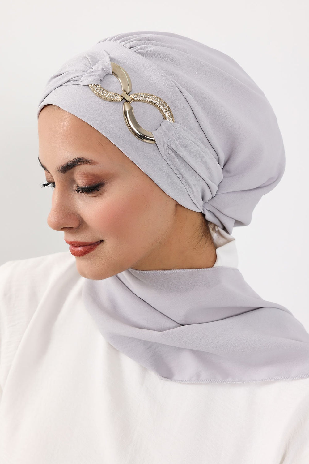 Instant Turban Lightweight Aerobin Scarf Head Turbans with Gorgeous Gold Accessory For Women Headwear Stylish Elegant Design,HT-94 Light Grey
