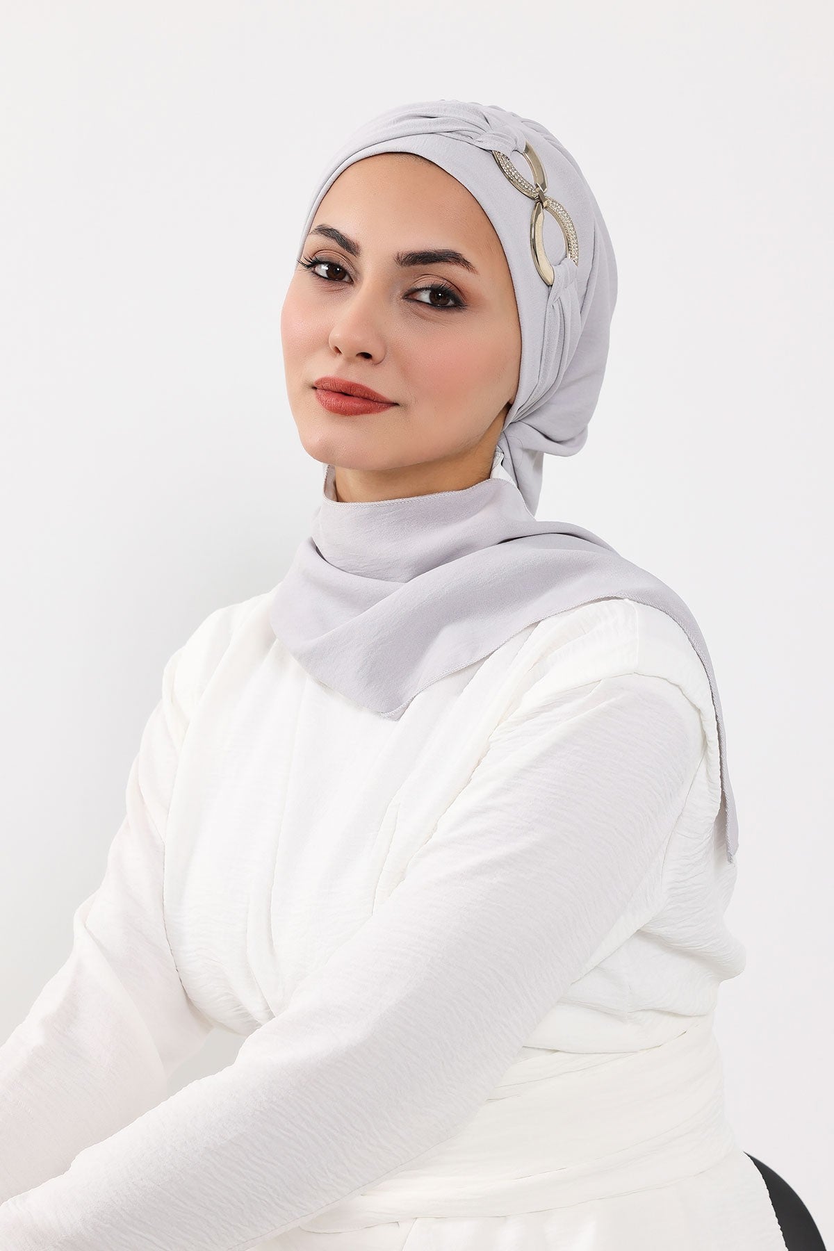 Instant Turban Lightweight Aerobin Scarf Head Turbans with Gorgeous Gold Accessory For Women Headwear Stylish Elegant Design,HT-94 Light Grey