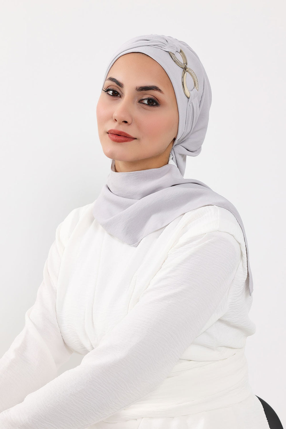 Instant Turban Lightweight Aerobin Scarf Head Turbans with Gorgeous Gold Accessory For Women Headwear Stylish Elegant Design,HT-94 Light Grey