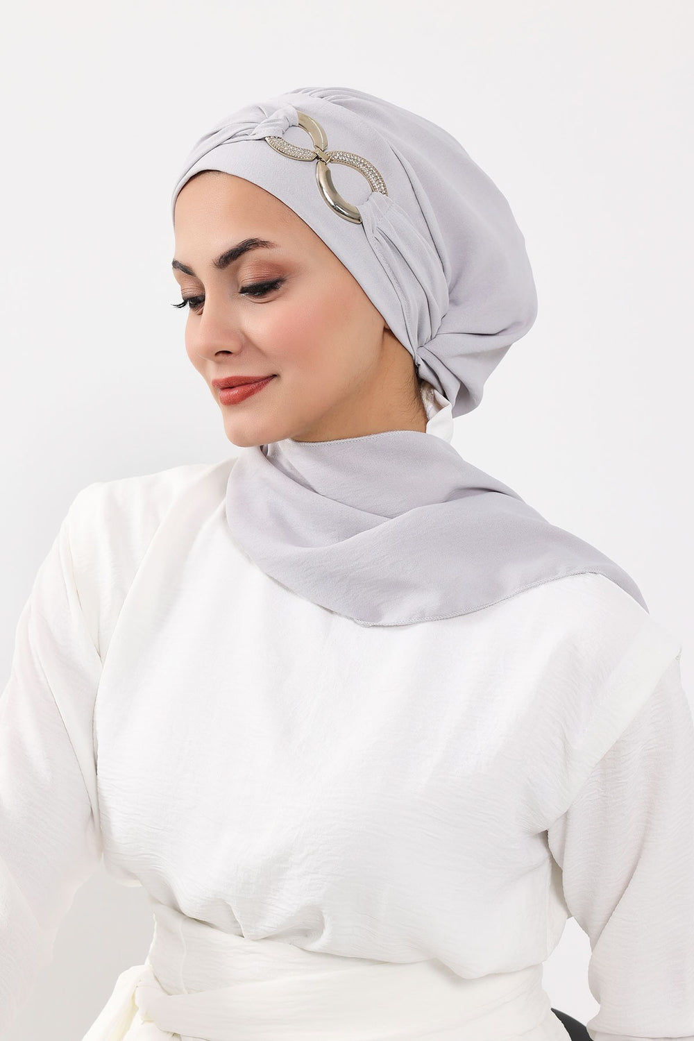 Instant Turban Lightweight Aerobin Scarf Head Turbans with Gorgeous Gold Accessory For Women Headwear Stylish Elegant Design,HT-94 Light Grey