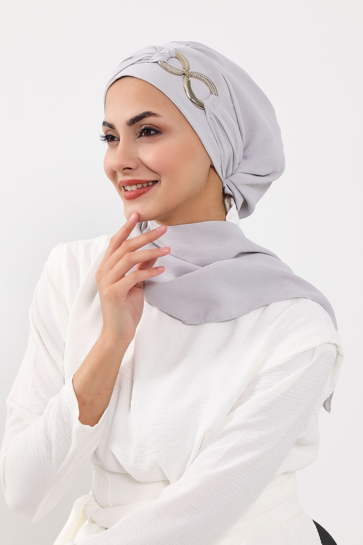 Instant Turban Lightweight Aerobin Scarf Head Turbans with Gorgeous Gold Accessory For Women Headwear Stylish Elegant Design,HT-94 Light Grey