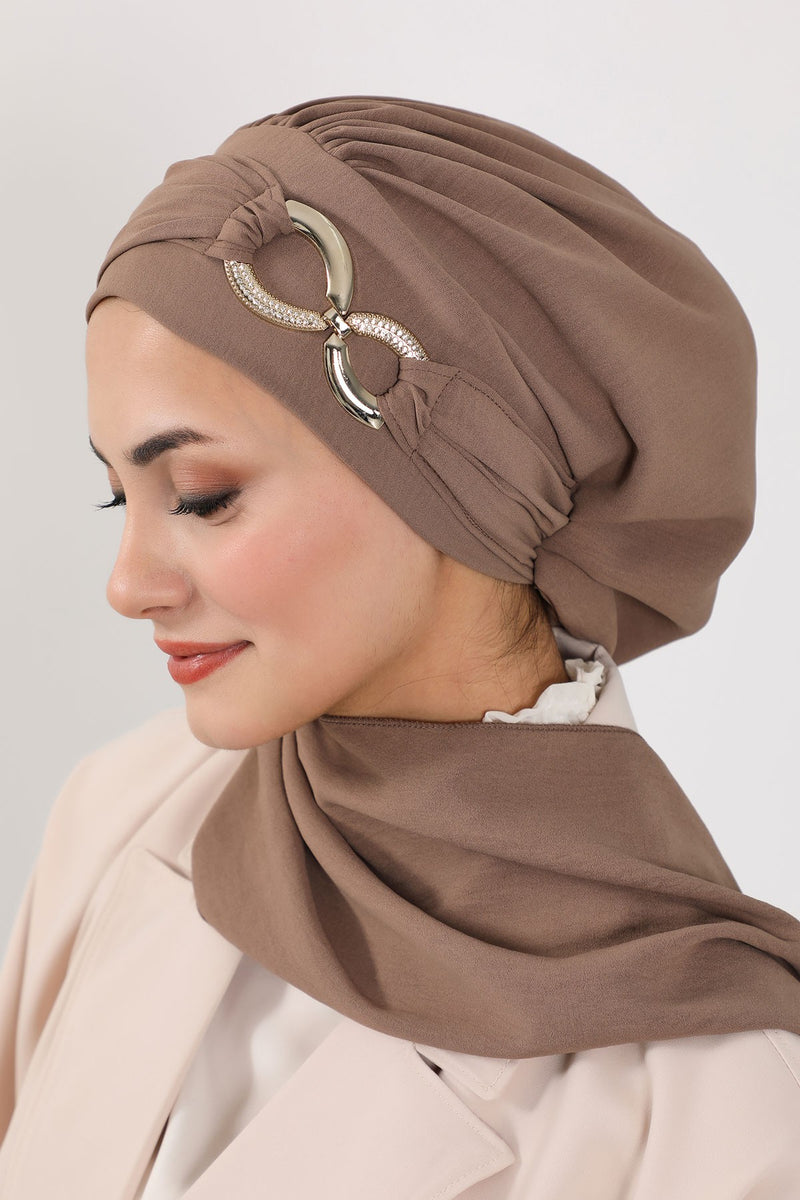 Instant Turban Lightweight Aerobin Scarf Head Turbans with Gorgeous Gold Accessory For Women Headwear Stylish Elegant Design,HT-94