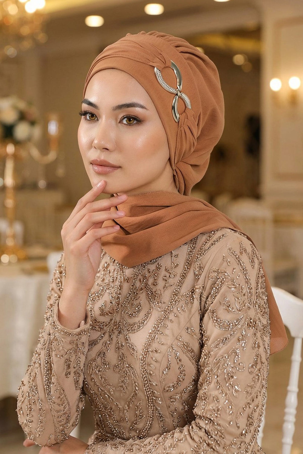 Instant Turban Lightweight Aerobin Scarf Head Turbans with Gorgeous Gold Accessory For Women Headwear Stylish Elegant Design,HT-94 Camel