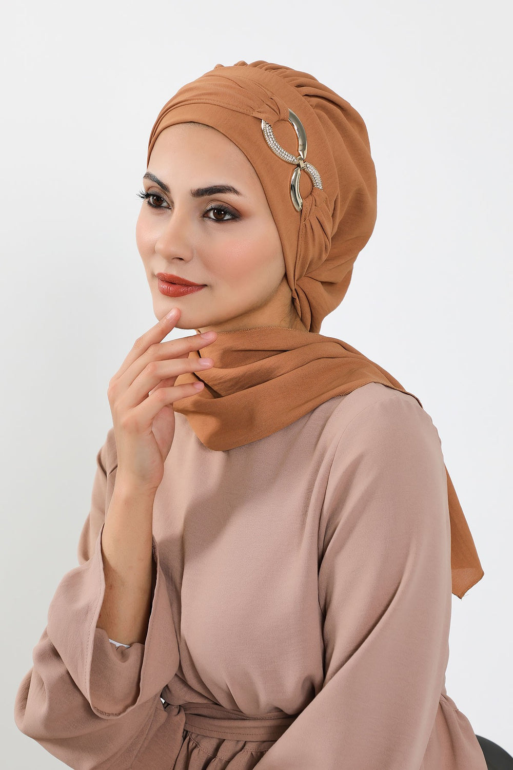 Instant Turban Lightweight Aerobin Scarf Head Turbans with Gorgeous Gold Accessory For Women Headwear Stylish Elegant Design,HT-94 Camel