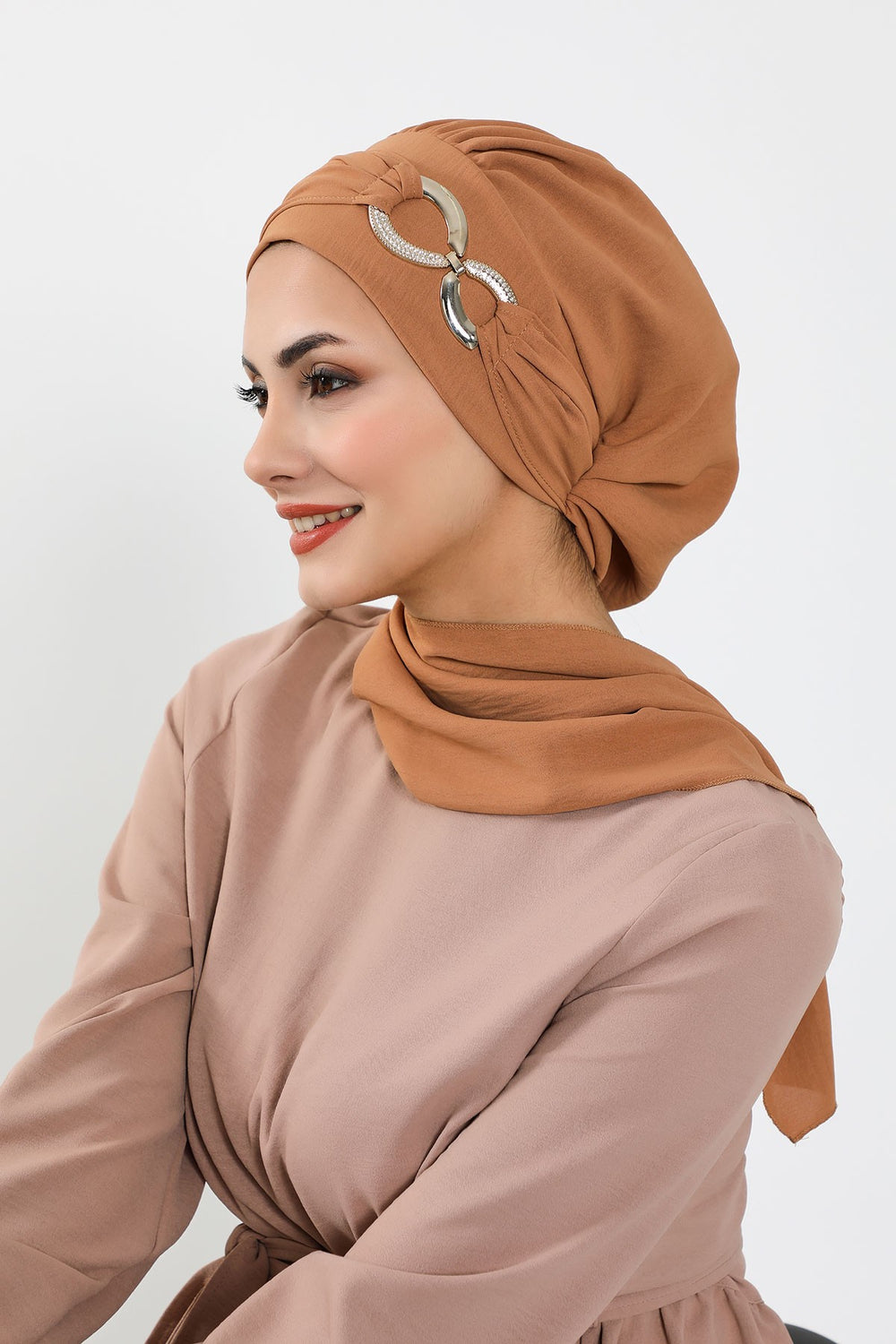 Instant Turban Lightweight Aerobin Scarf Head Turbans with Gorgeous Gold Accessory For Women Headwear Stylish Elegant Design,HT-94 Camel