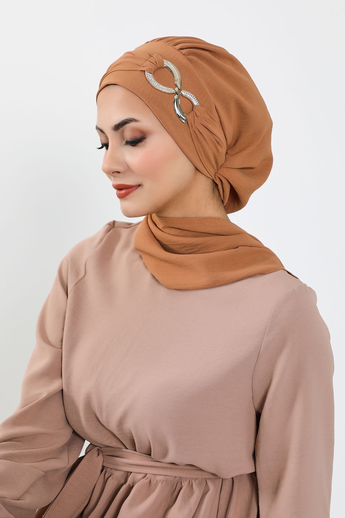 Instant Turban Lightweight Aerobin Scarf Head Turbans with Gorgeous Gold Accessory For Women Headwear Stylish Elegant Design,HT-94 Camel