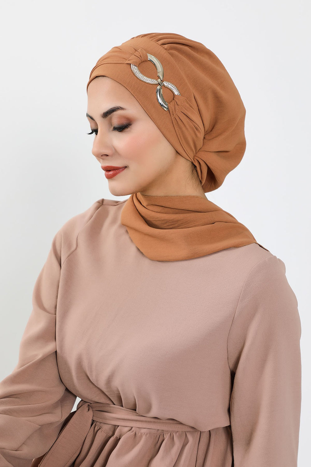 Instant Turban Lightweight Aerobin Scarf Head Turbans with Gorgeous Gold Accessory For Women Headwear Stylish Elegant Design,HT-94 Camel