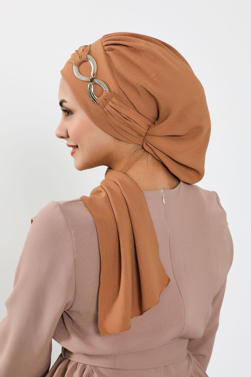 Instant Turban Lightweight Aerobin Scarf Head Turbans with Gorgeous Gold Accessory For Women Headwear Stylish Elegant Design,HT-94 Camel