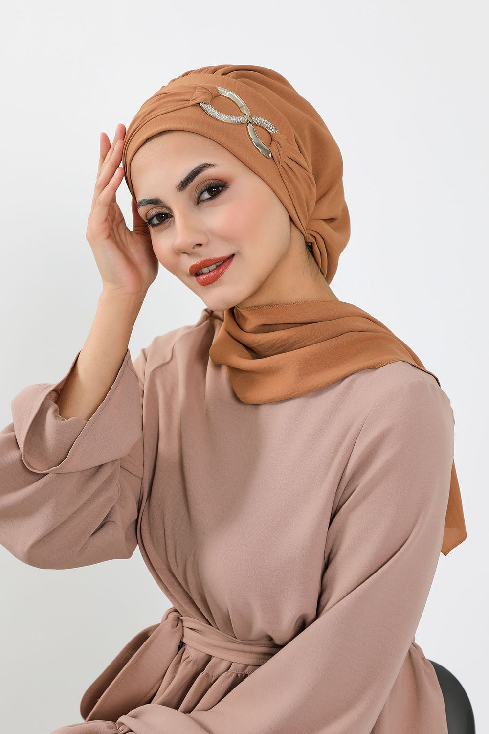 Instant Turban Lightweight Aerobin Scarf Head Turbans with Gorgeous Gold Accessory For Women Headwear Stylish Elegant Design,HT-94 Camel
