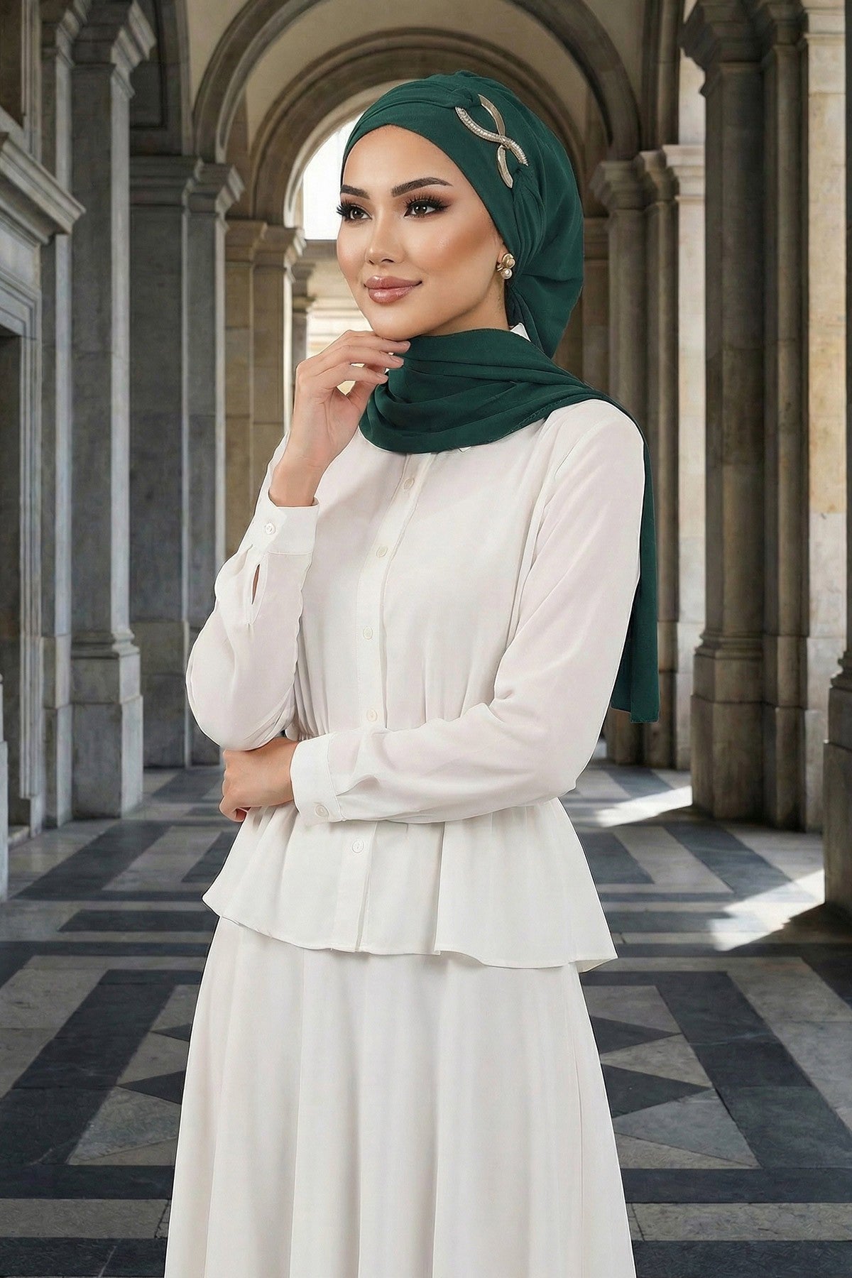 Instant Turban Lightweight Aerobin Scarf Head Turbans with Gorgeous Gold Accessory For Women Headwear Stylish Elegant Design,HT-94 Dark Green