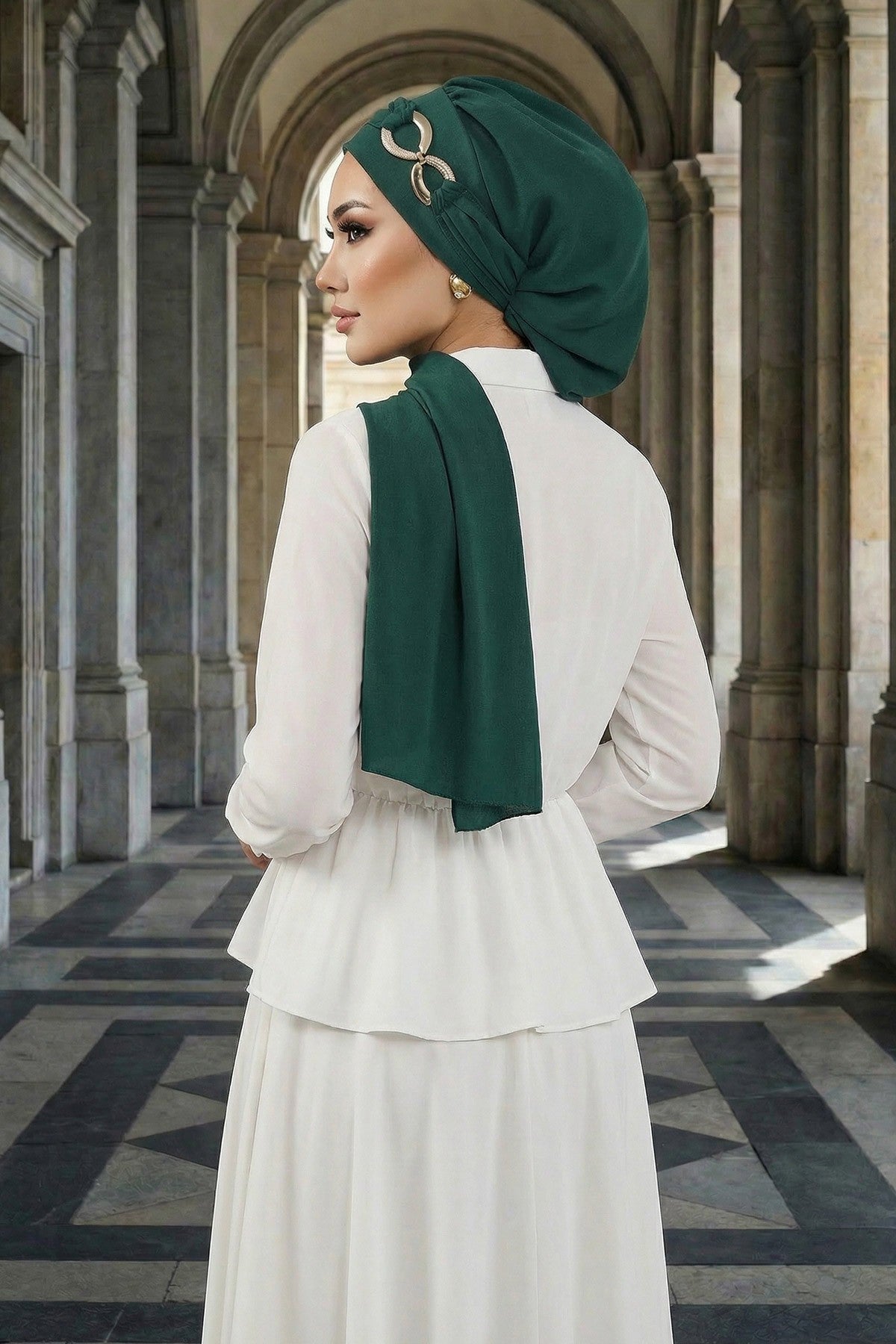 Instant Turban Lightweight Aerobin Scarf Head Turbans with Gorgeous Gold Accessory For Women Headwear Stylish Elegant Design,HT-94 Dark Green