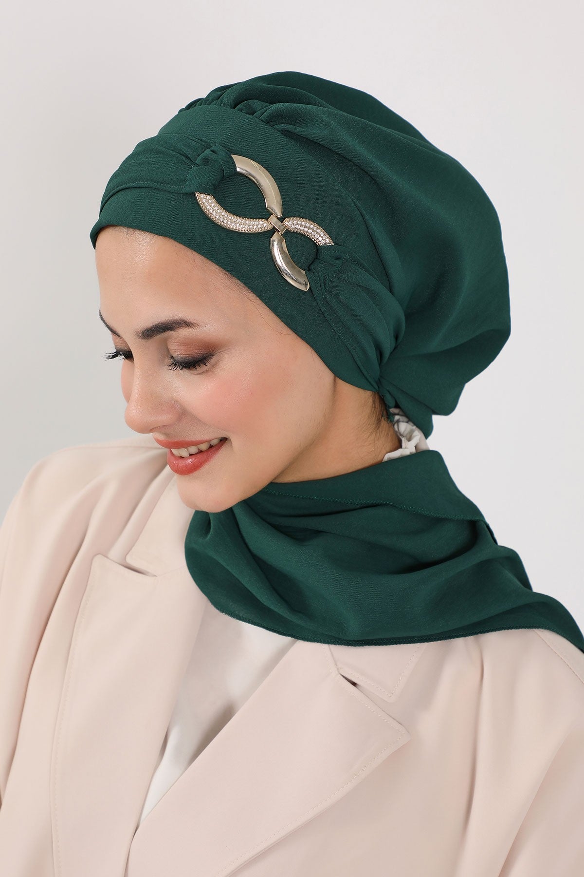 Instant Turban Lightweight Aerobin Scarf Head Turbans with Gorgeous Gold Accessory For Women Headwear Stylish Elegant Design,HT-94 Dark Green