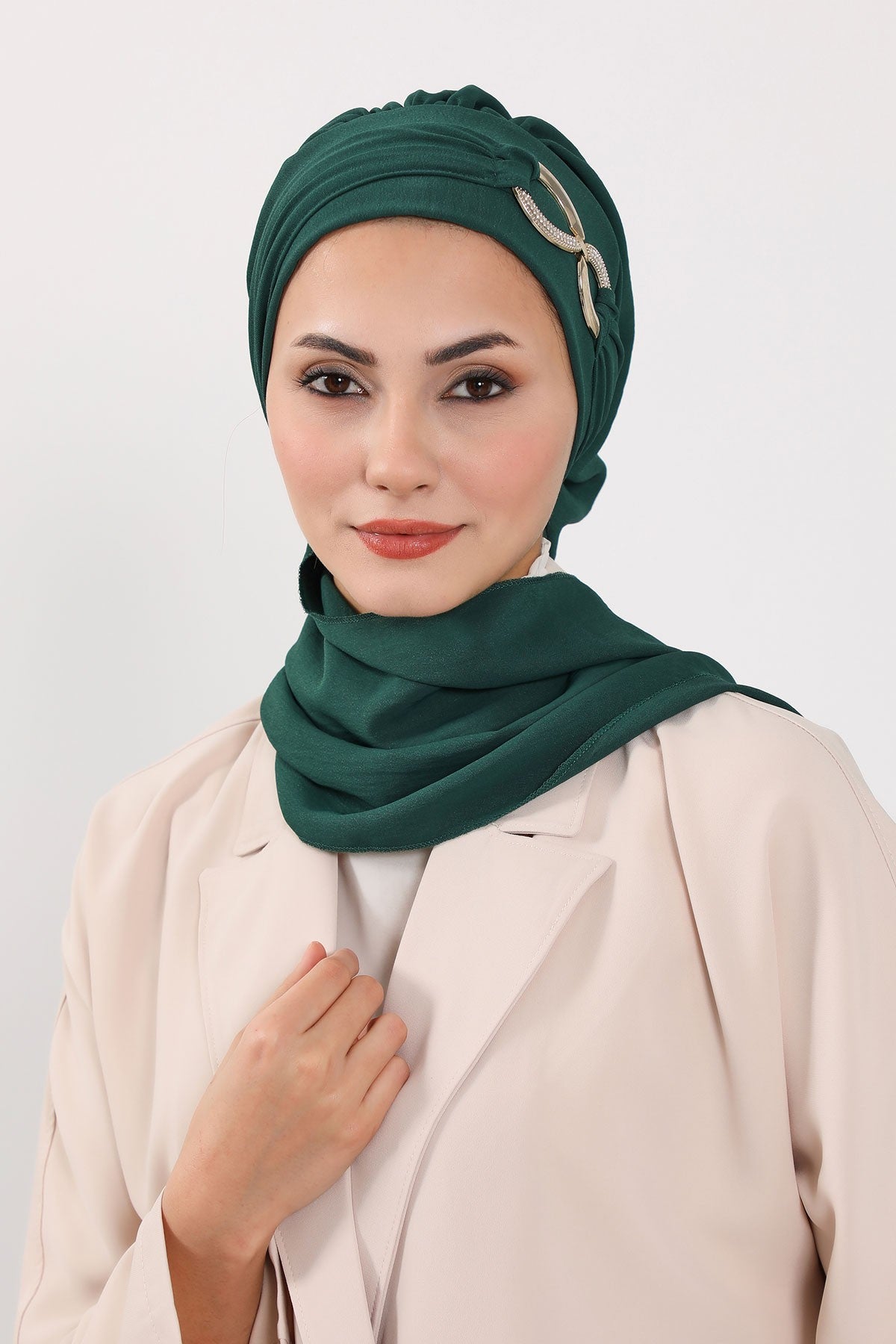 Instant Turban Lightweight Aerobin Scarf Head Turbans with Gorgeous Gold Accessory For Women Headwear Stylish Elegant Design,HT-94 Dark Green