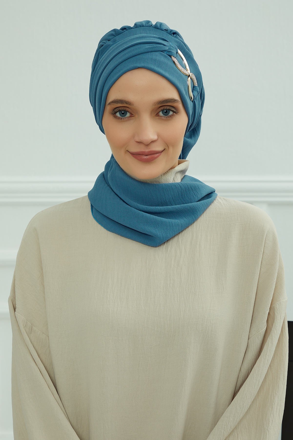Instant Turban Lightweight Aerobin Scarf Head Turbans with Gorgeous Gold Accessory For Women Headwear Stylish Elegant Design,HT-94 İndigo