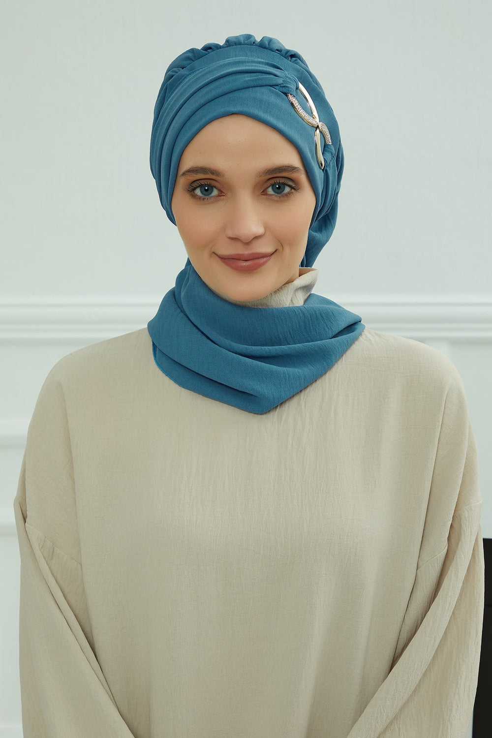Instant Turban Lightweight Aerobin Scarf Head Turbans with Gorgeous Gold Accessory For Women Headwear Stylish Elegant Design,HT-94 İndigo