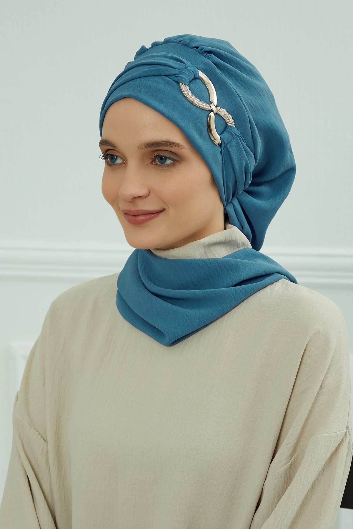 Instant Turban Lightweight Aerobin Scarf Head Turbans with Gorgeous Gold Accessory For Women Headwear Stylish Elegant Design,HT-94 İndigo