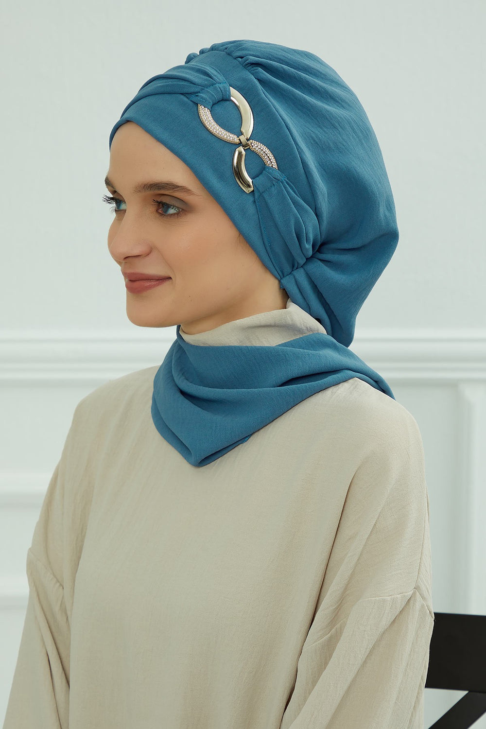 Instant Turban Lightweight Aerobin Scarf Head Turbans with Gorgeous Gold Accessory For Women Headwear Stylish Elegant Design,HT-94 İndigo