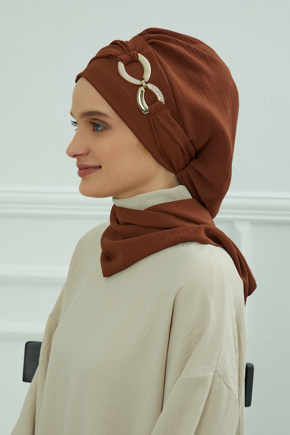 Instant Turban Lightweight Aerobin Scarf Head Turbans with Gorgeous Gold Accessory For Women Headwear Stylish Elegant Design,HT-94 Cinnamon