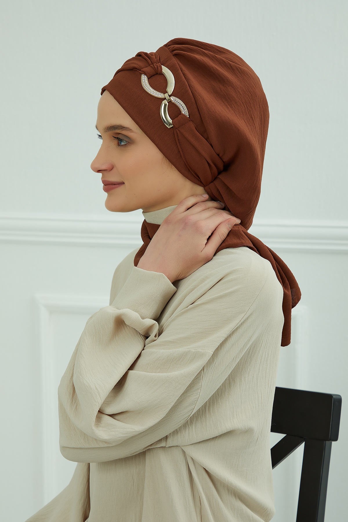 Instant Turban Lightweight Aerobin Scarf Head Turbans with Gorgeous Gold Accessory For Women Headwear Stylish Elegant Design,HT-94 Cinnamon